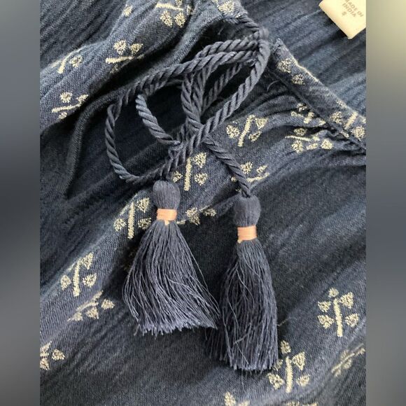 J Jill Dress Women’s S Blue Embroidered Floral Balloon Sleeve Tassel Boho Chic - Picture 3 of 11